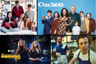 En la imagen se ven cuatro imágenes de distintas series: Cuckoo, The Bear, The Morning Show y My Mad Fat Diary