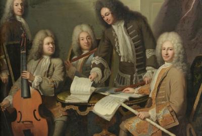 La imagen muestra una pintura del siglo XvII "El flautista Michel de La Barre rodeado por dos de los hermanos Hotteterre y el violinista Antoine Forqueray"  de André Bouys