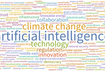 La imagen muestra una nube de palabras en inglés, con temas actuales, como climate, aritificial intelligence, etc