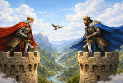 En la imagen se ve un dibujo que ilustra dos reyes enfrentados y un pájaro sobrevolandolos